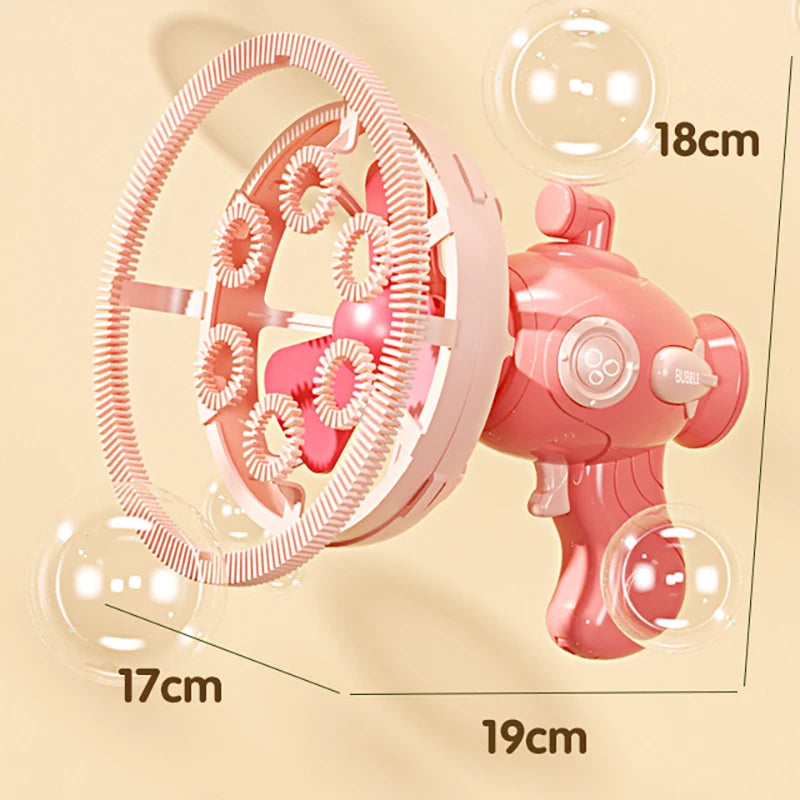 A pink electric bubble machine with a rotating mechanism and bubble solution, shown against a light background.