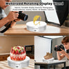 A motorized rotating display stand is shown in use for photography, displaying various products like jewelry and models.
