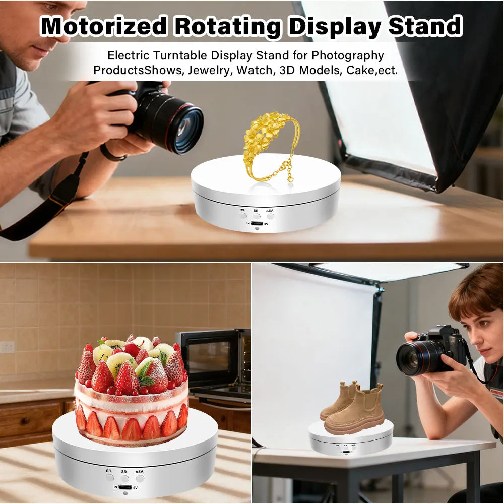 A motorized rotating display stand is shown in use for photography, displaying various products like jewelry and models.