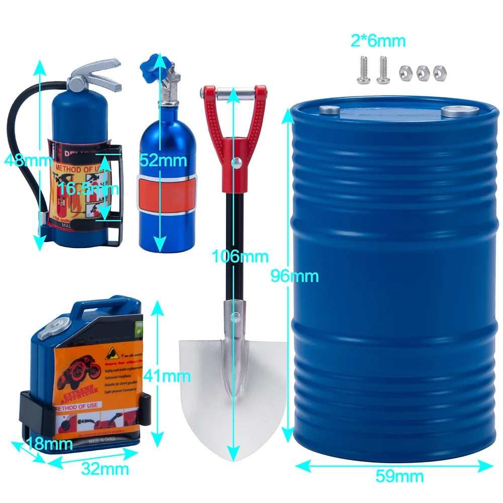 1/10 Scale RC Crawler Accessories - Shovel, Fire Extinguisher & Oil Drum Set