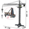 A diecast construction crane model toy set shown with its components and scale dimensions.