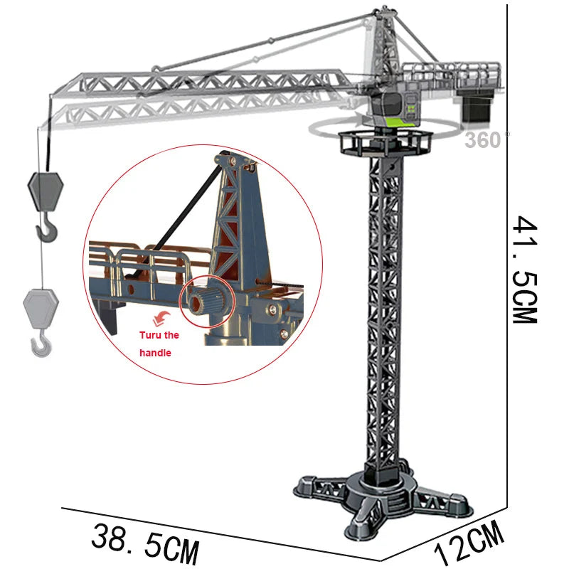 A diecast construction crane model toy set shown with its components and scale dimensions.