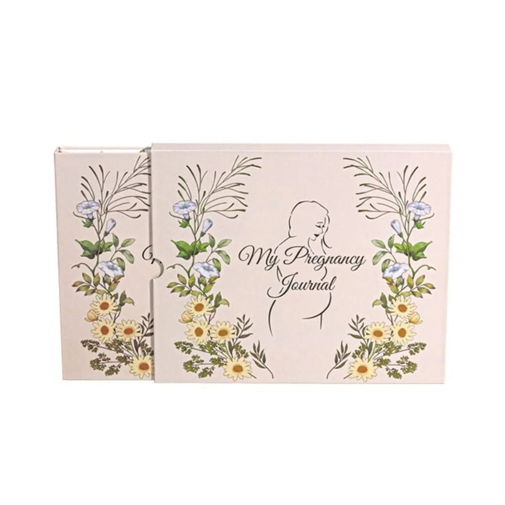 A light pink memory book for pregnancy journey featuring floral designs and an exam tracker.