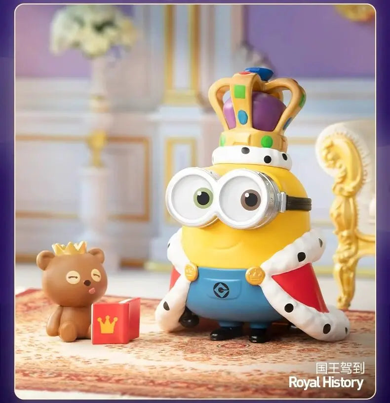 A yellow Minion collectible figure wearing a crown and glasses sits on a patterned surface.