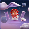 A collectible figurine of a crying character with red spiky hair and white clothing stands on a purple pedestal against a sta