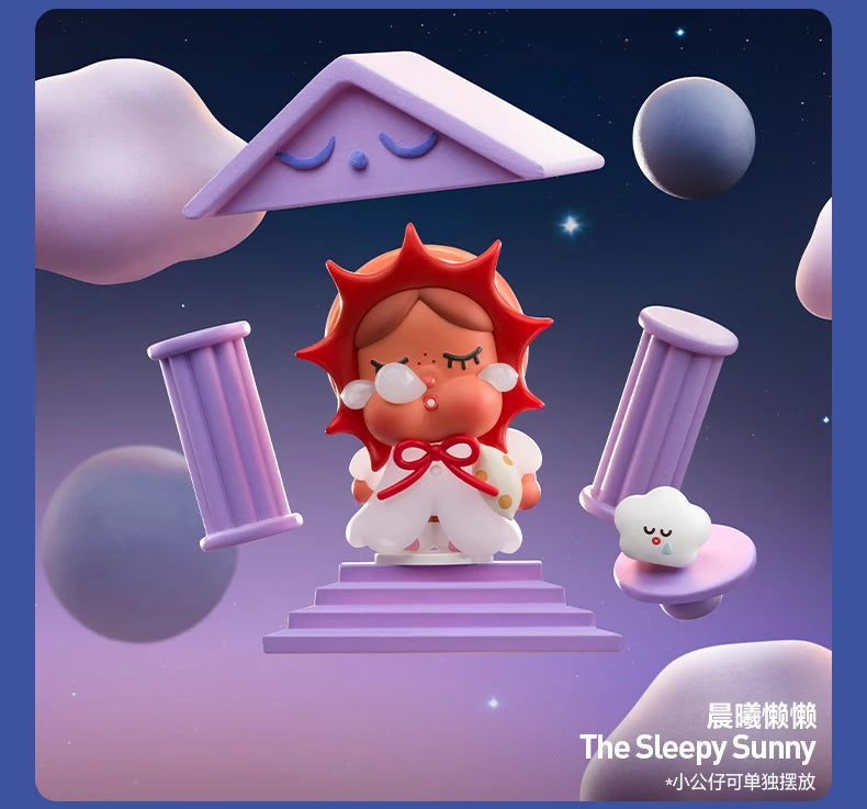 A collectible figurine of a crying character with red spiky hair and white clothing stands on a purple pedestal against a sta