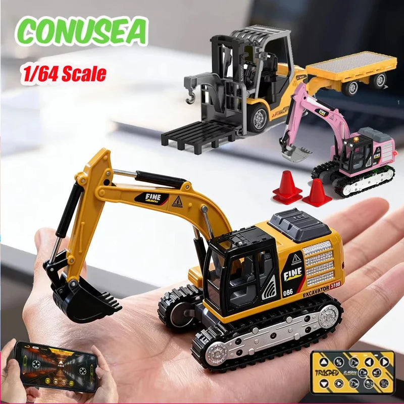A miniature 1:64 scale remote control excavator toy is held in a person's hand.