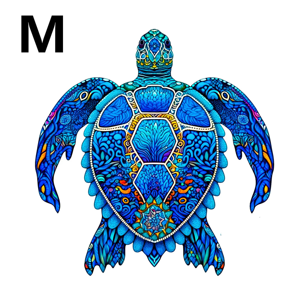 A vibrant blue wooden tree of life jigsaw puzzle shaped like an animal, featuring intricate patterns.