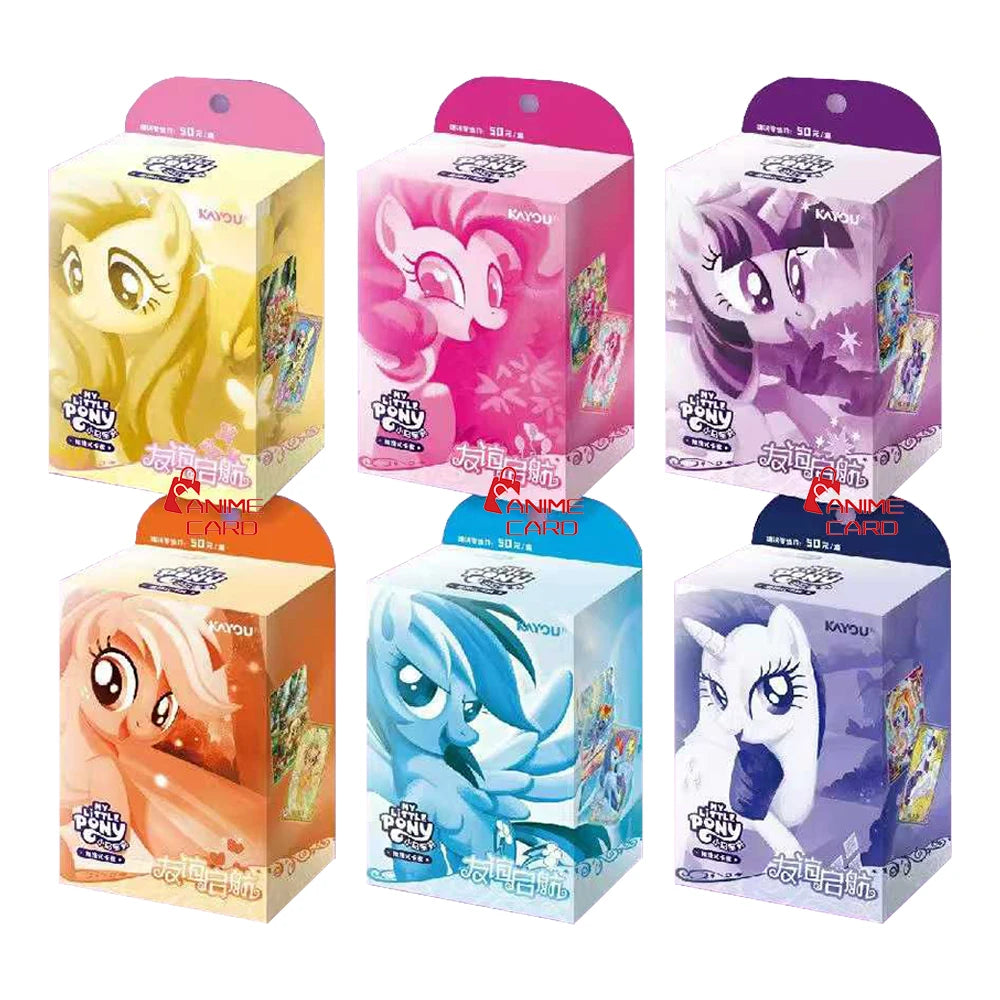 A set of five My Little Pony trading cards featuring characters like Twilight Sparkle and others in colorful packaging.