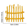 A yellow miniature farm fence set consisting of ten vertical wooden stakes for use in sand tables and dioramas.