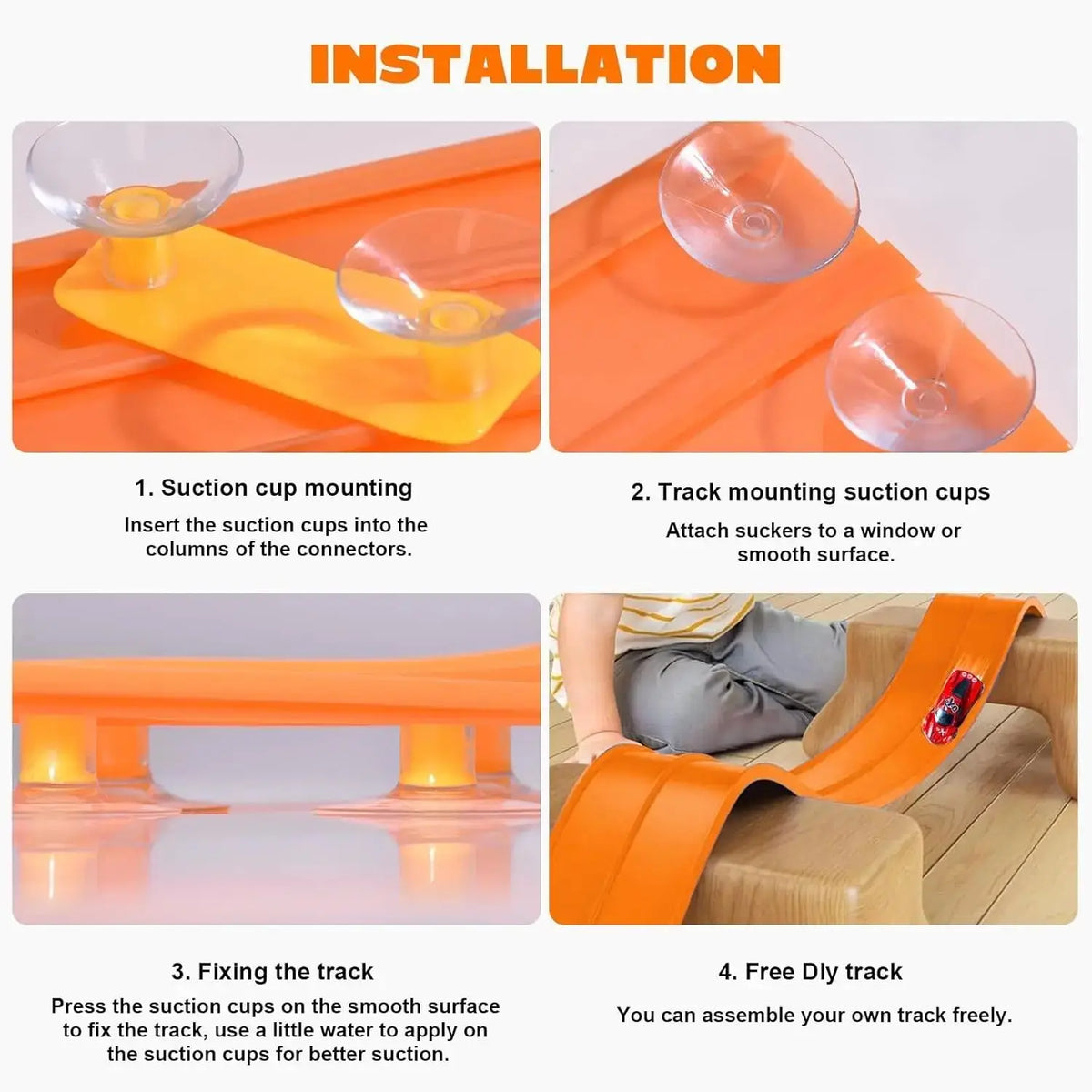 Installation guide showing how to mount suction cups onto a flexible car race track for a window or smooth surface.