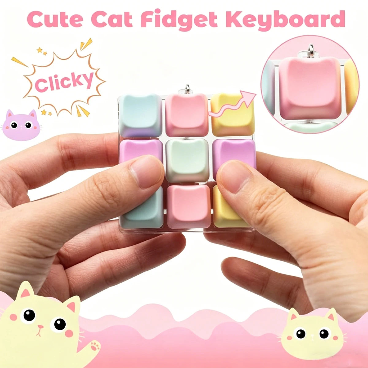 Hands hold a pink and pastel colored fidget keyboard with tactile buttons and cute cat figures.