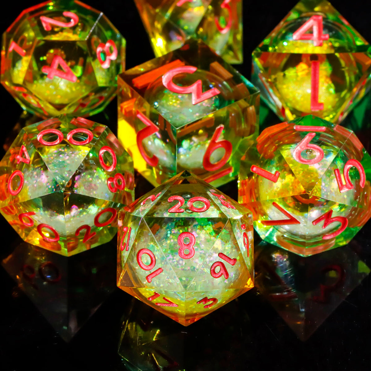 A collection of translucent polyhedral dice in various colors and shapes, reflecting on a dark surface.