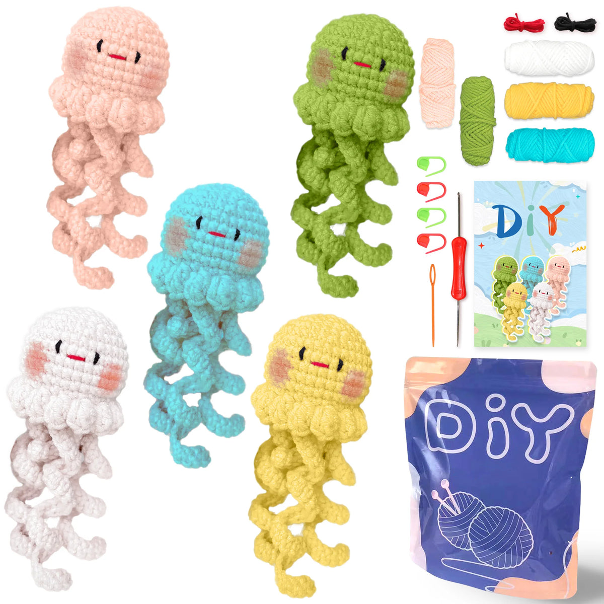 A set of seven crocheted animal figures in various pastel colors, including pink, green, blue, and yellow.
