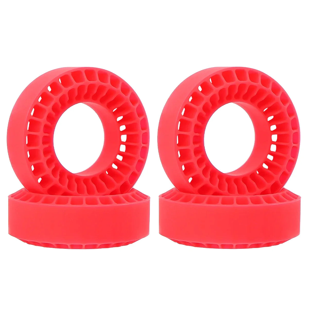 Two red silicone rubber tire inserts for RC crawlers