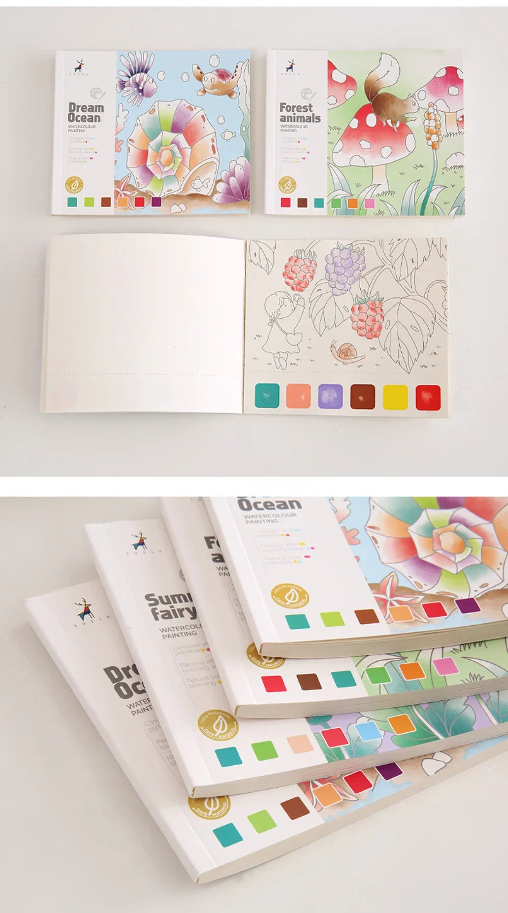 A set of watercolor painting books featuring dream ocean, forest animals, and fairy tale designs.