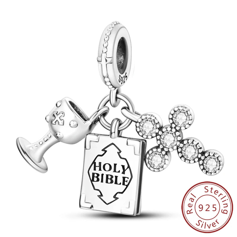 Sterling silver charm beads set featuring cross, angel, and evil eye designs for DIY jewelry making