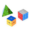 A set of three magnetic 3x3 speed cubes in green, silver, and blue colors.