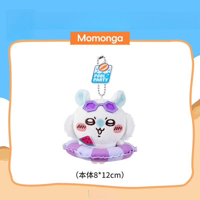 A white and purple plush keychain charm of a character wearing purple goggles and a swimming ring.