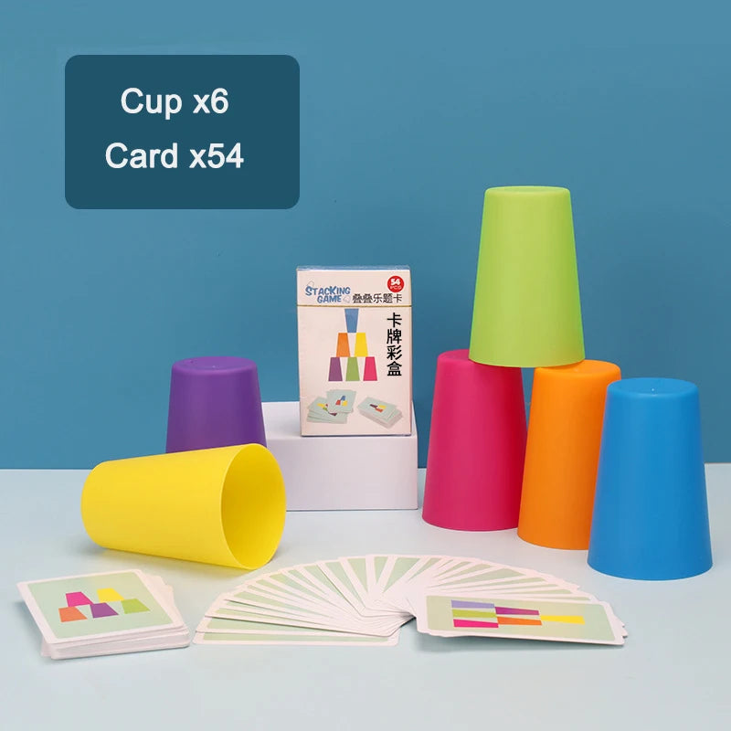 A set of six colorful stacking cups and fifty-four cards for a kids stacking game.