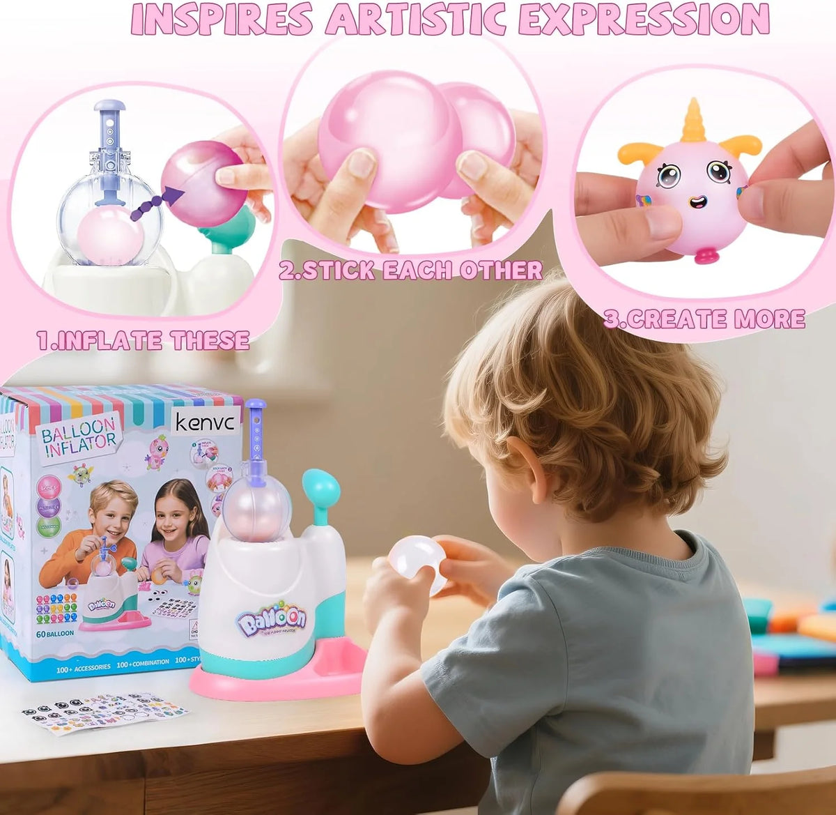 A child is using a DIY balloon animal craft kit with a pump to inflate and create balloons.
