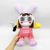 A plush doll resembling a rabbit with pink and purple fur, large eyes, and a black glove.