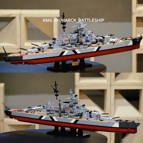 Maquette détaillée du cuirassé KMS Bismarck construite en blocs de construction, vue de profil.