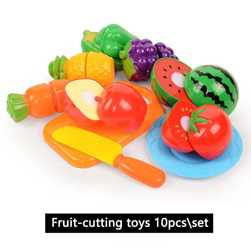A set of 10 fruit-cutting toys featuring various colorful fruits and vegetables for pretend play.