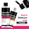 A bottle of Acrylic Varnish is shown with a black cap and a white label, alongside a brush applying the finish to a surface.
