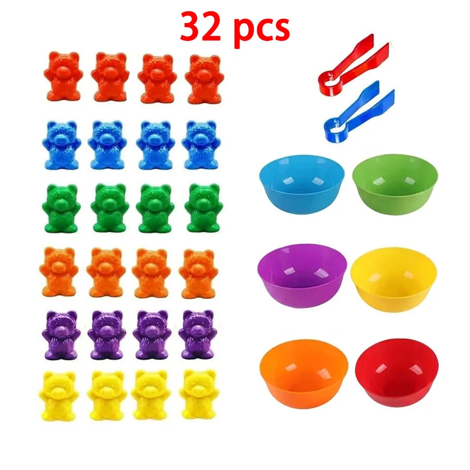 32 pieces of counting bears with sorting cups and tweezers for Montessori color and number learning