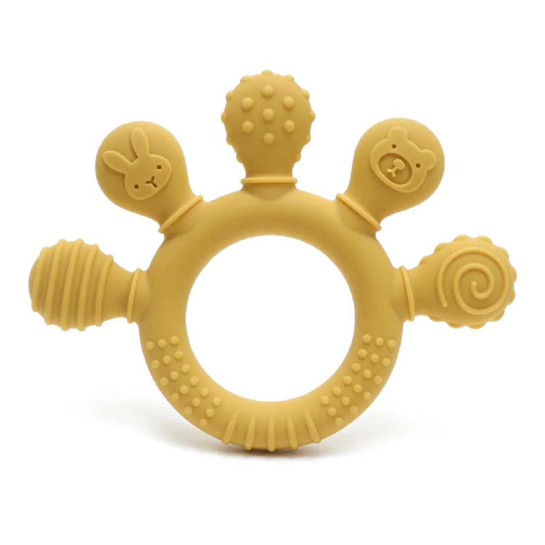A yellow silicone baby teether shaped like a ring with various textured beads and animal figures.