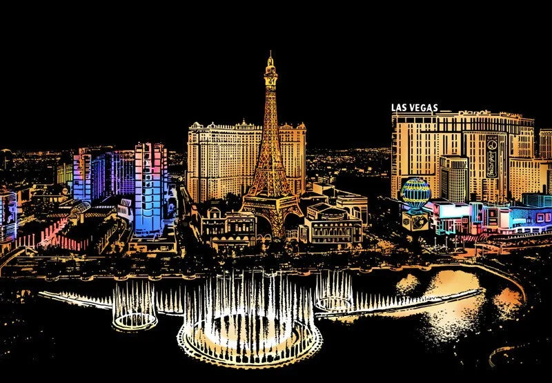 A scratch art depiction of a city night scene featuring the Eiffel Tower and Las Vegas skyline reflected in water.