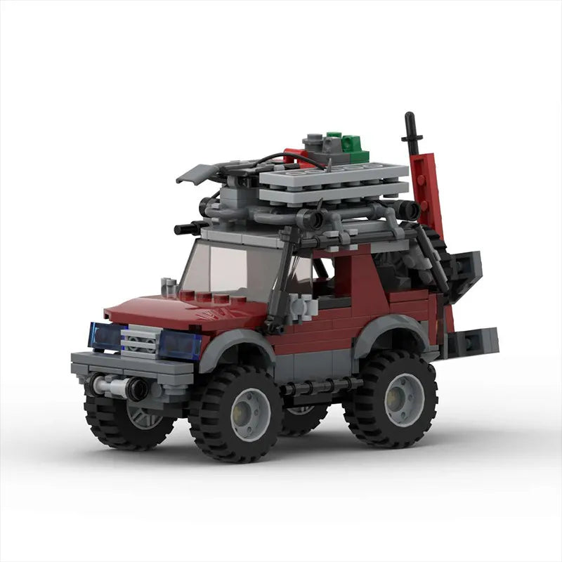 A detailed off-road SUV building block set featuring a red and gray vehicle with various accessories.