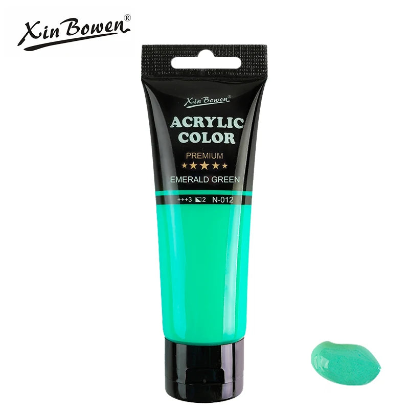 A tube of Xin Bowen Acrylic Color Emerald Green paint with a black cap and label.