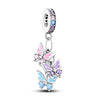 A silver heart charm bead featuring pink zircon stones and a butterfly pendant.