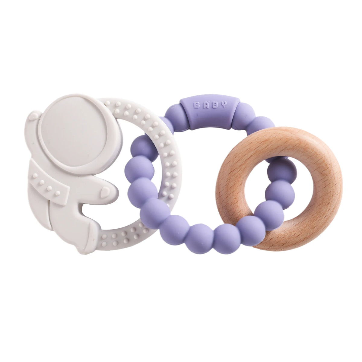 A set of food-grade silicone planet teethers for babies in white, purple, and natural wood colors.