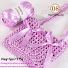 A pink knitted yarn ball and a finished woven bag made from the yarn, tied with satin ribbons.