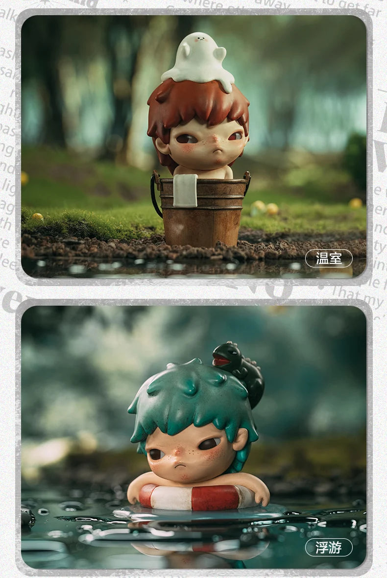 A small figure with reddish-brown hair and a white body is placed in a wooden bucket in a natural outdoor setting.