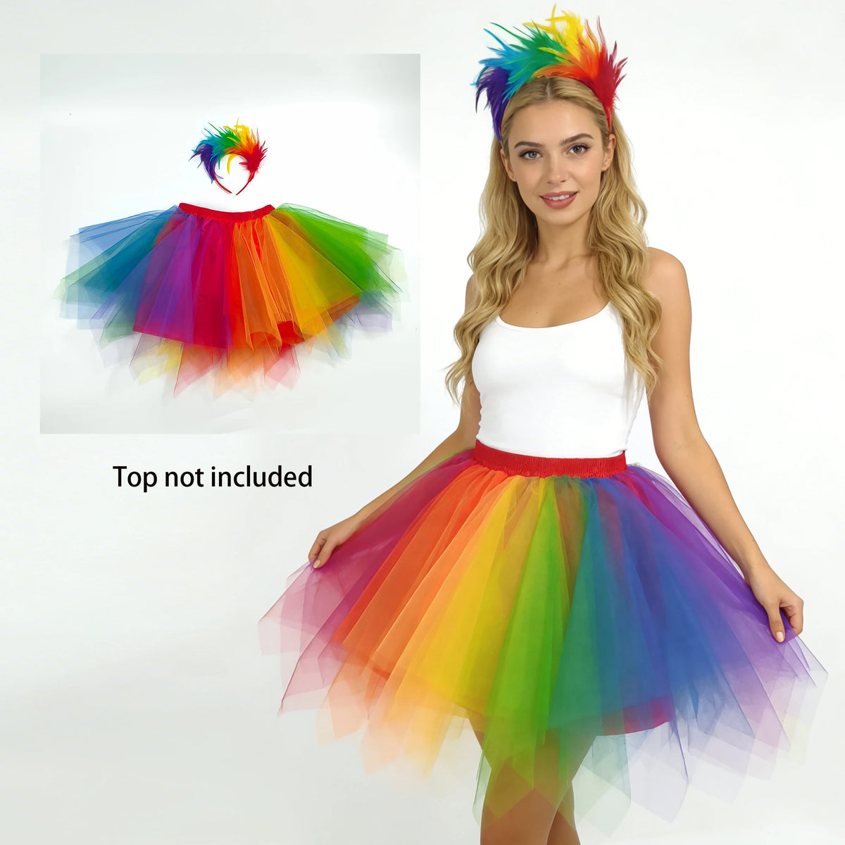 A woman models a colorful rainbow tulle tutu skirt and matching feather headband.