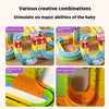 A set of colorful magnetic track pieces for a baby's toy train, showing various combinations and shapes.