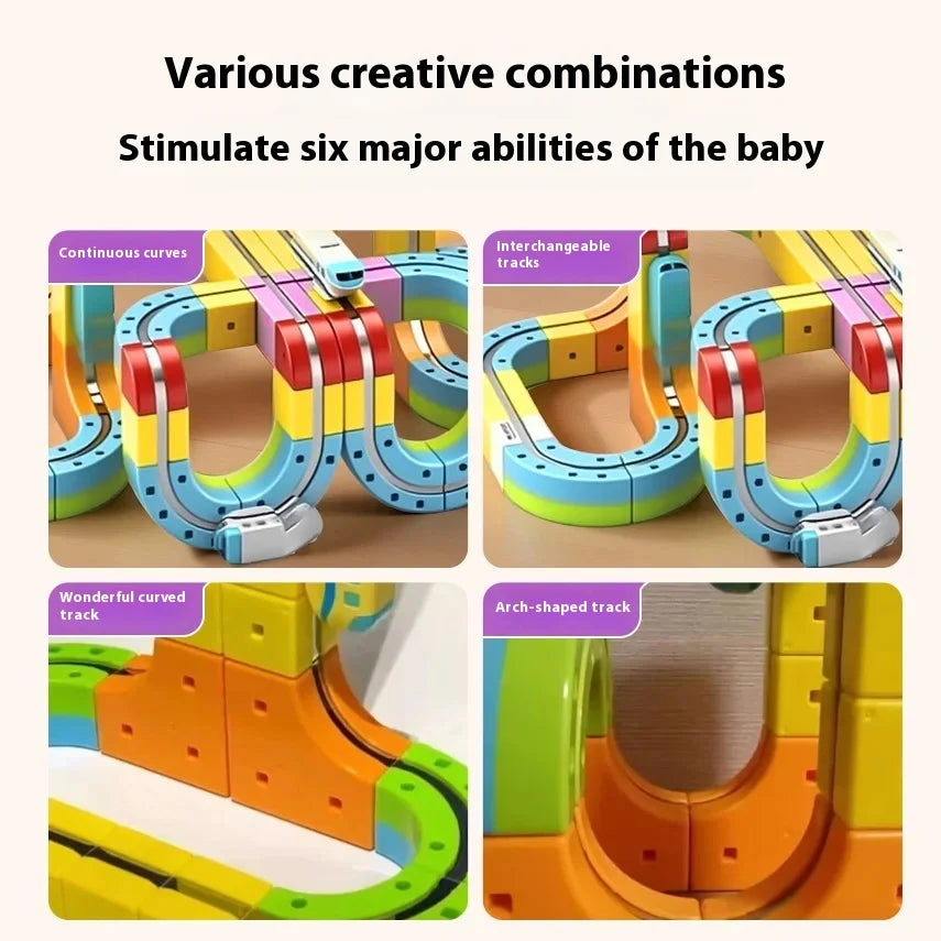 A set of colorful magnetic track pieces for a baby's toy train, showing various combinations and shapes.