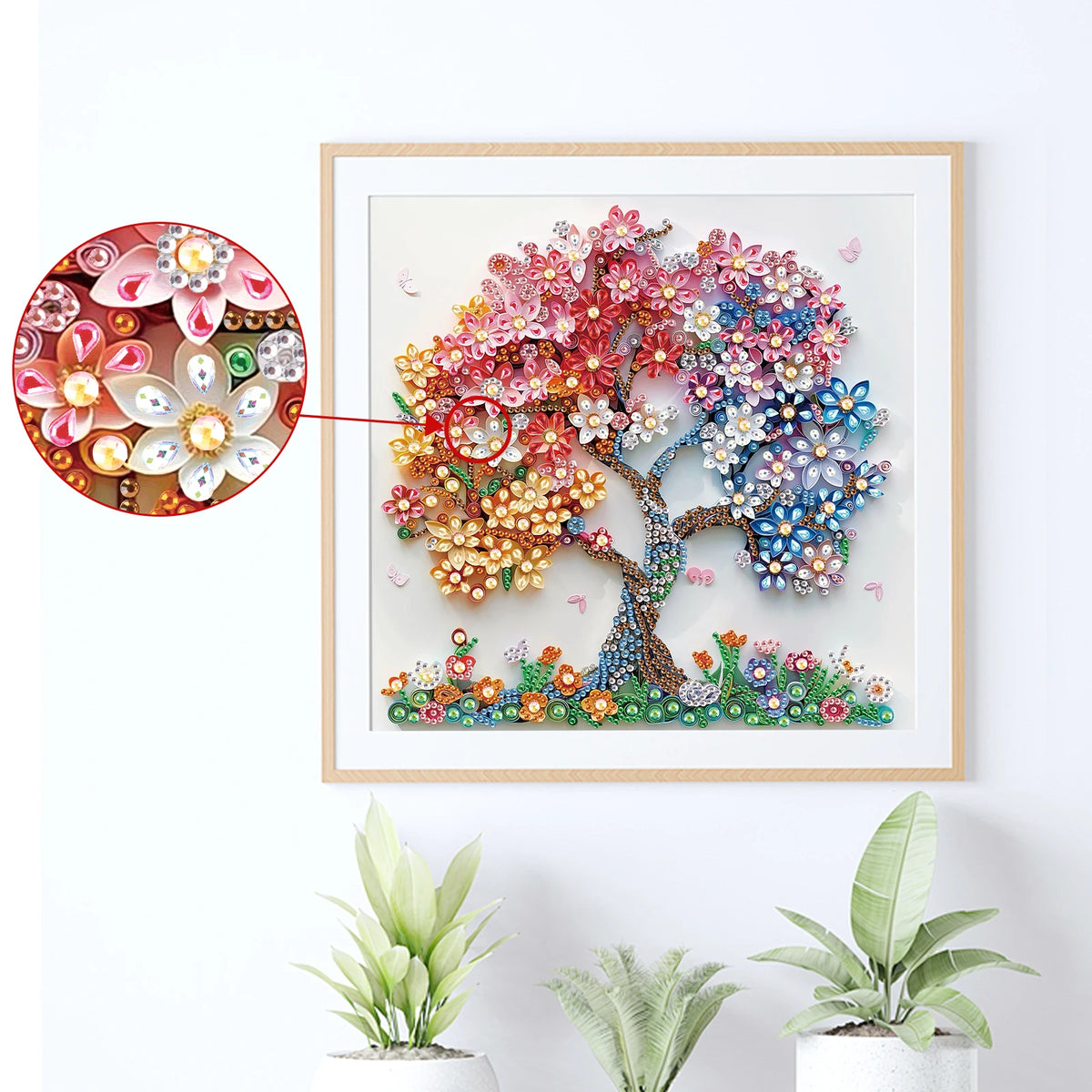 Diamond art painting kit featuring a vibrant, colorful tree with pink, purple, and blue blossoms.