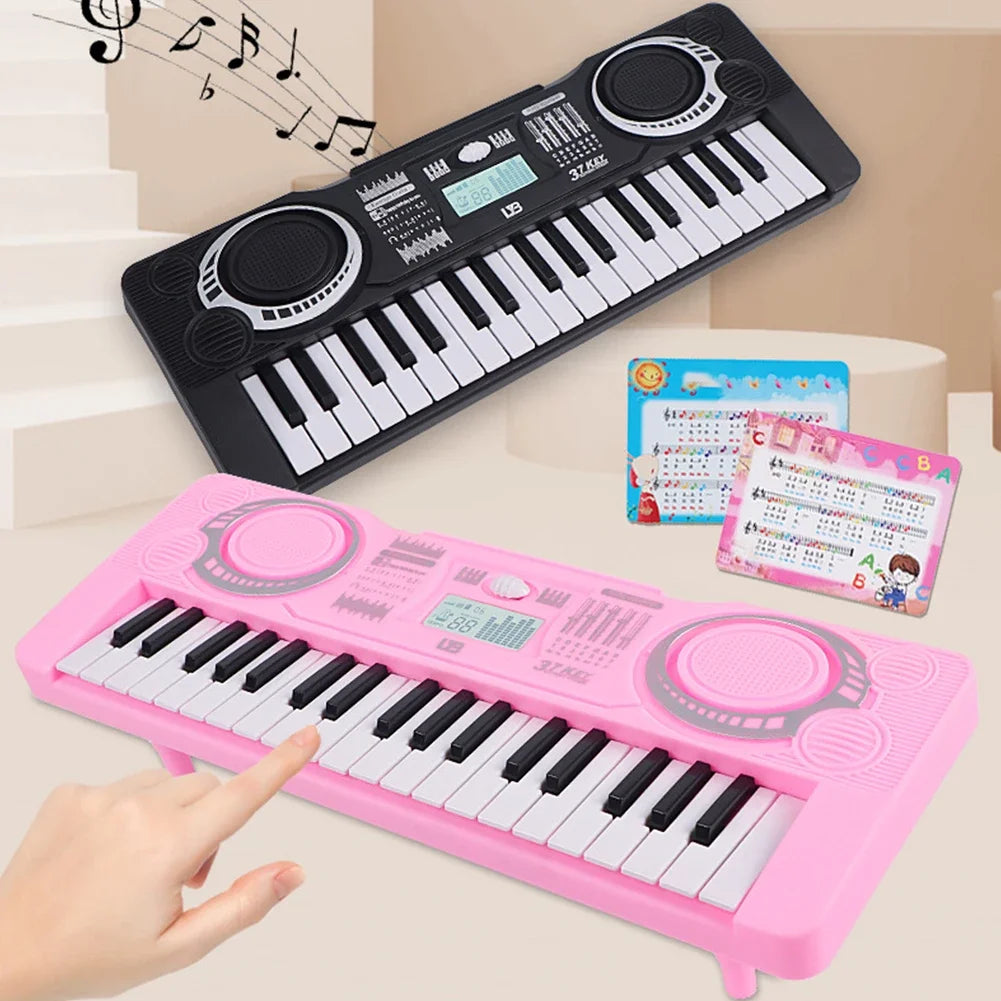 A pink 37-key electronic keyboard with a microphone is shown next to a black version.