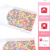 A box of square diamond painting beads in various colors arranged in rows, with a section showing a finished red diamond.