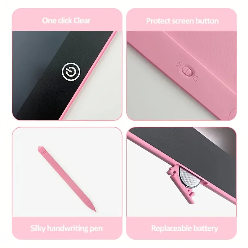 An LCD drawing tablet for kids showing features like a clear button, screen protection, a silky handwriting pen, and a replac