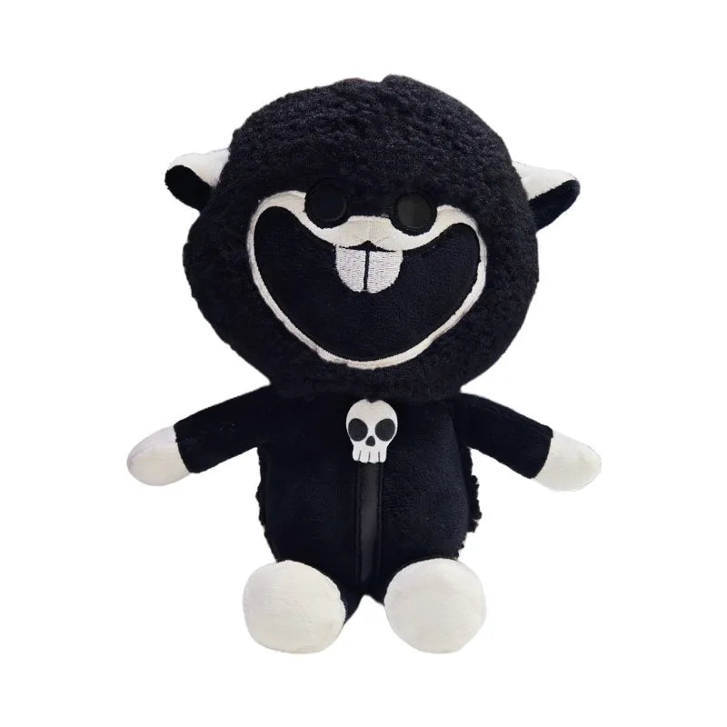 A black plush toy resembling a skull with white accents and features.