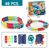 A set of 46 flexible anti-gravity race car tracks and cars for kids, including various colors and sizes.
