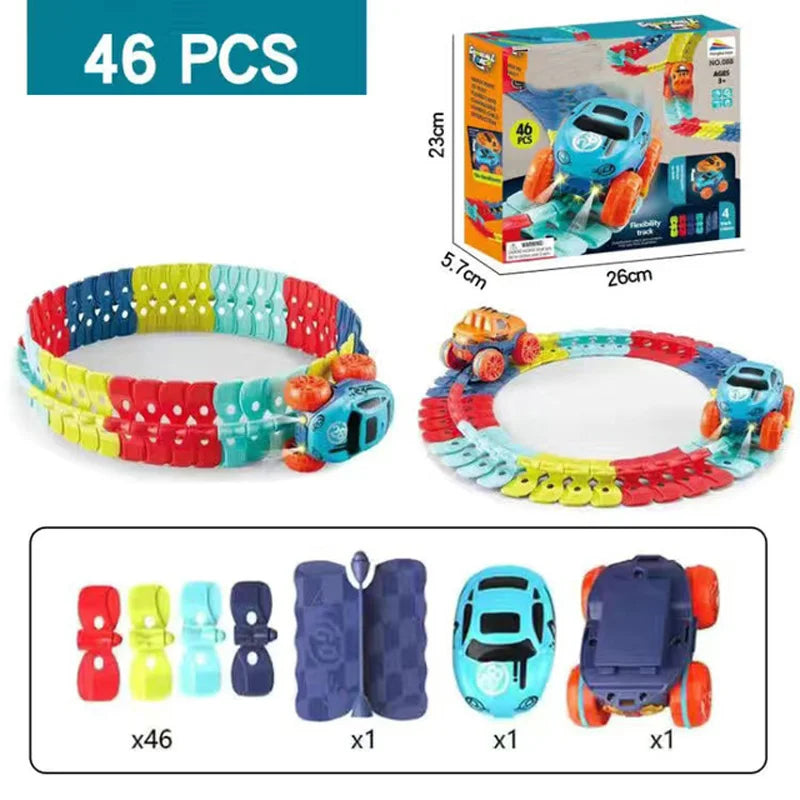A set of 46 flexible anti-gravity race car tracks and cars for kids, including various colors and sizes.