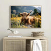 A painting of a brown Scottish Highland cow with horns in a field, displayed in a wooden frame.