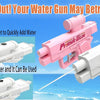 A pink and white prank water gun is shown being used to spray water, with instructions for quickly adding water.